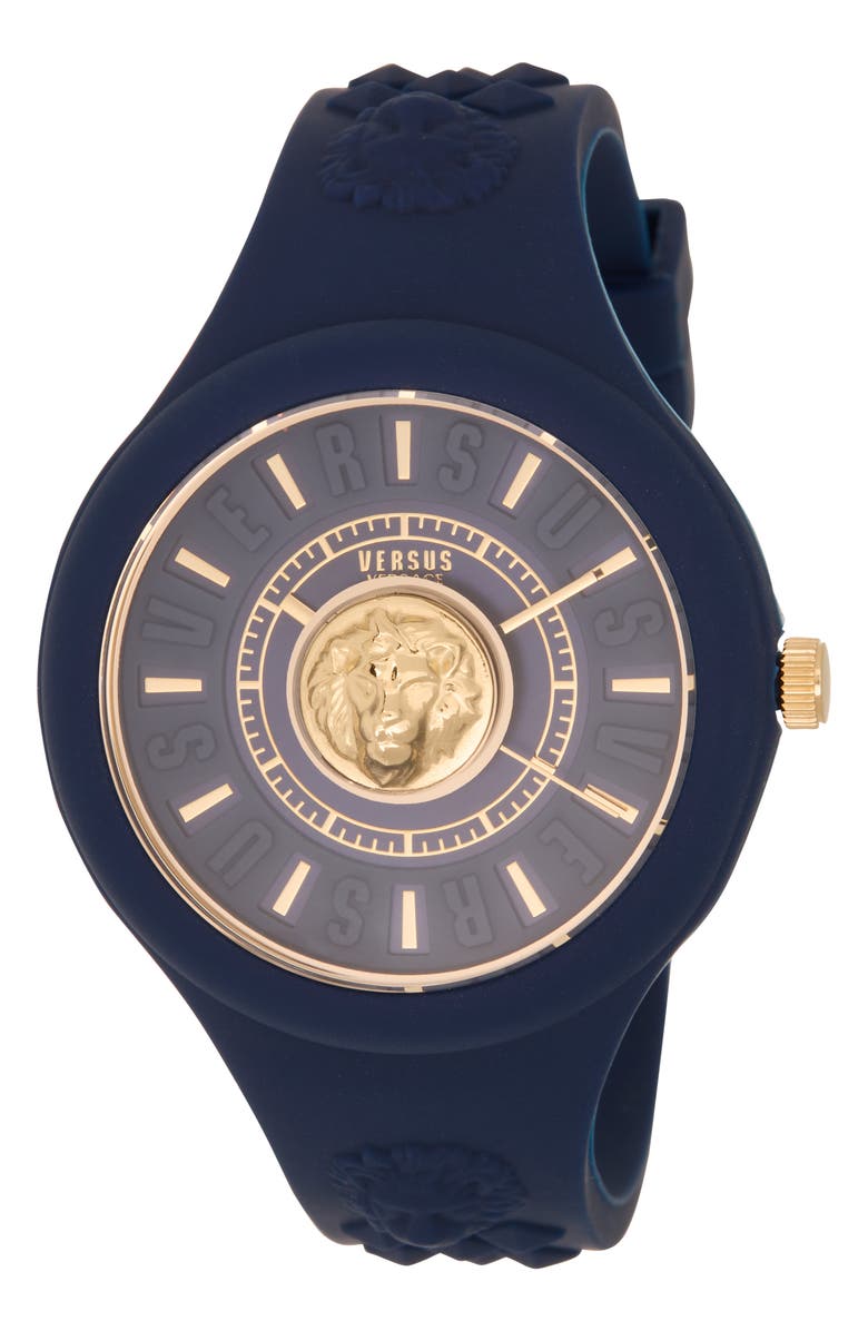 VERSUS Versace Fire Island Lion Silicone Strap Watch, 44mm, Main, color, Blue