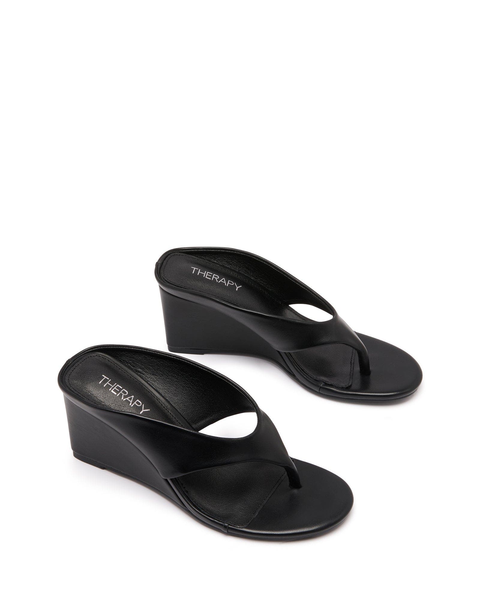 Therapy Australia Sera Round Toe Wedge Thong Heel, Main, color, Black Smooth Pu