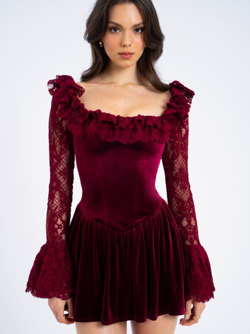 Miss Circle Women Yachira Burgundy Velvet Lace Flare Sleeve Mini Dress In Red