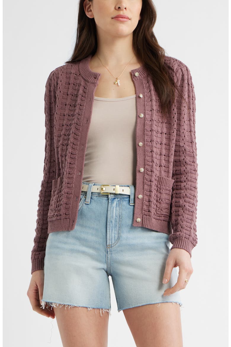 Pointelle Stitch Cotton Cardigan, Main, color, MAUVE TAUPE