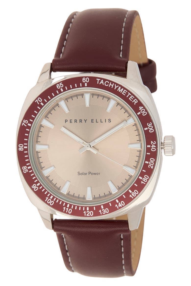 Solar 3-Hand Quartz Faux Leather Strap Watch, 44mm, Main, color, STAINLESS