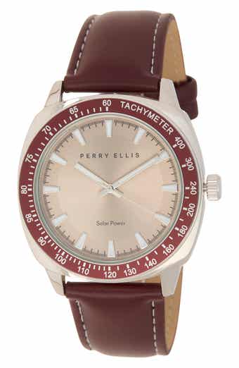 Perry Ellis Solar 3-Hand Quartz Faux Leather Strap Watch, 44mm