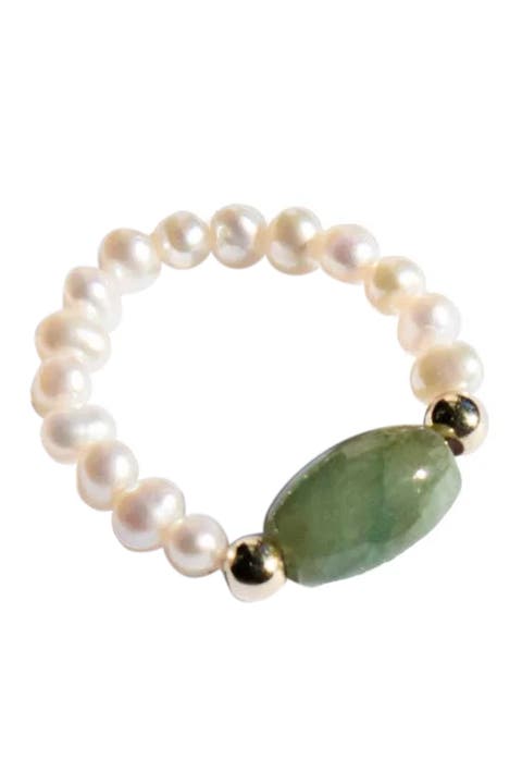 Isa Jade and beaded pearl stretch ring