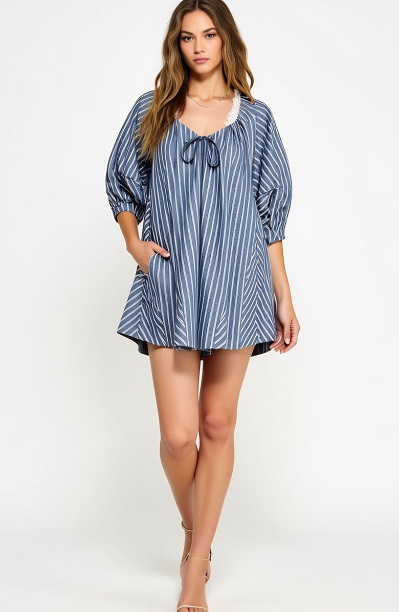 Modenaire Striped V-Neck Romper with 3/4 Sleeves and Front Tie Detail, Alternate, color, Blue Striped