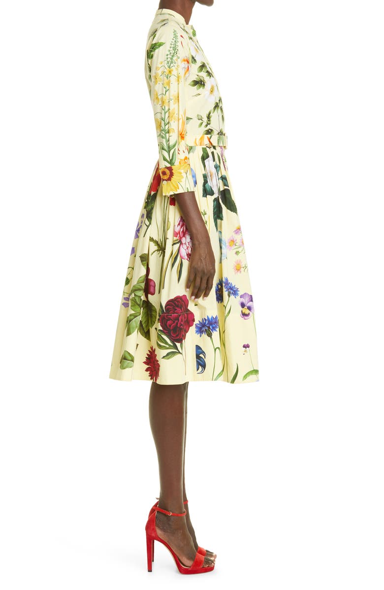 Oscar de la Renta Belted Button Front Three Quarter Sleeve Stretch Cotton Midi Dress, Alternate, color, 