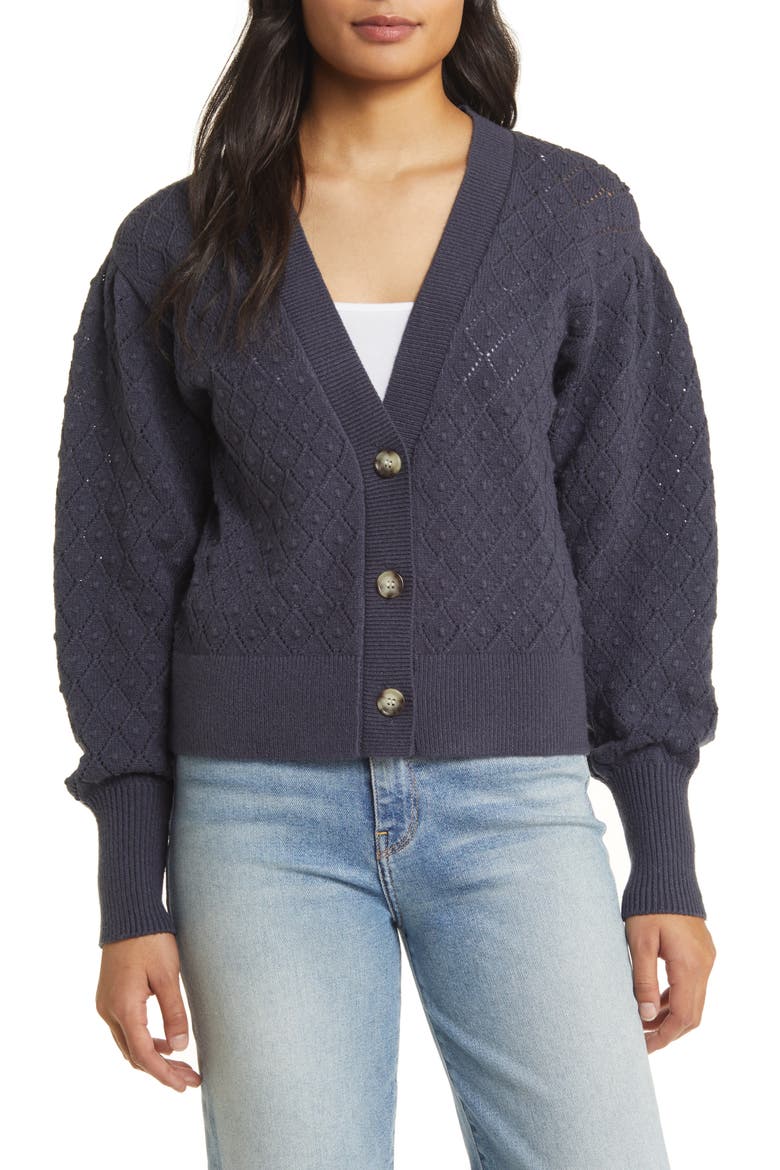 Pointelle Deep V-Neck Cardigan, Main, color, NAVY CHARCOAL