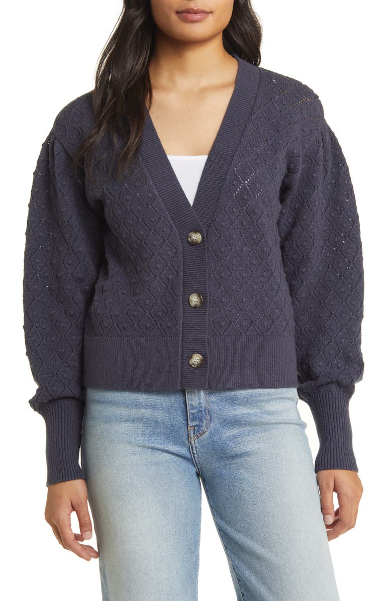 Caslon<sup>®</sup> Pointelle Deep V-Neck Cardigan, Main, color, Navy Charcoal