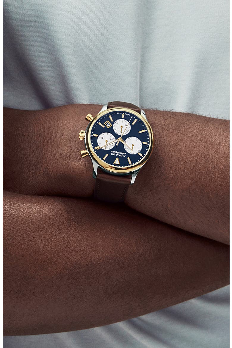 Heritage Calendoplan Chronograph Leather Strap Watch, 43mm, Alternate, color, BLUE