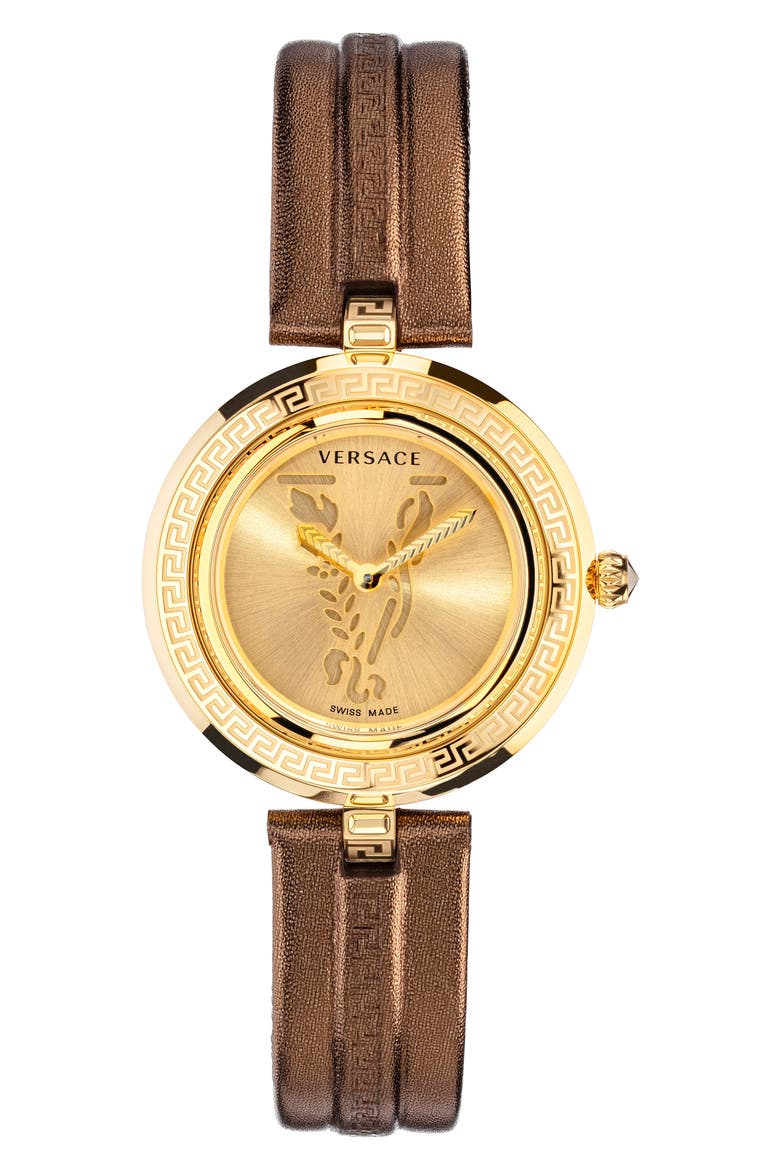 Virtus Infinity Leather Strap Watch, 34mm, Main, color, GOLD