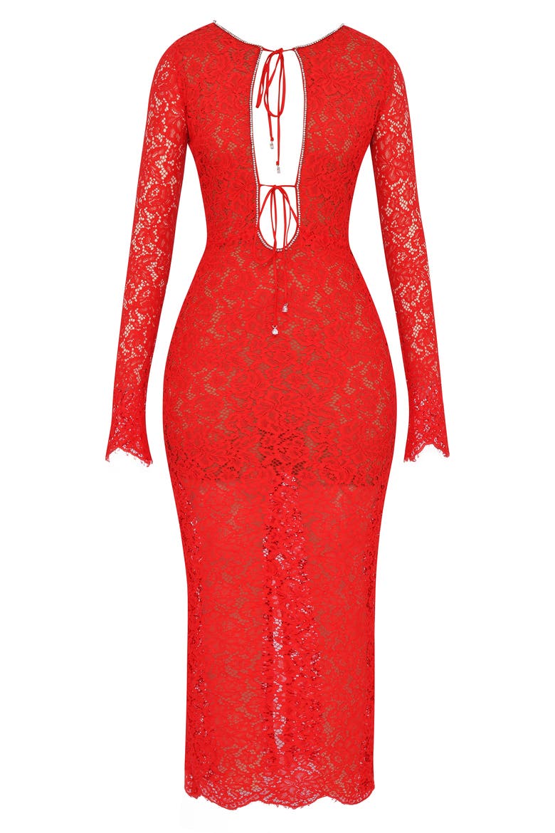 Lisandra Crystal Trim Long Sleeve Lace Dress, Alternate, color, RED
