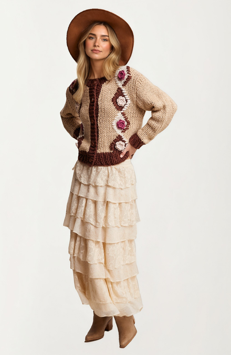 Knit and Lounge Chunky Floral Crochet Knit Cardigan, Alternate, color, Brown With Floral Accents