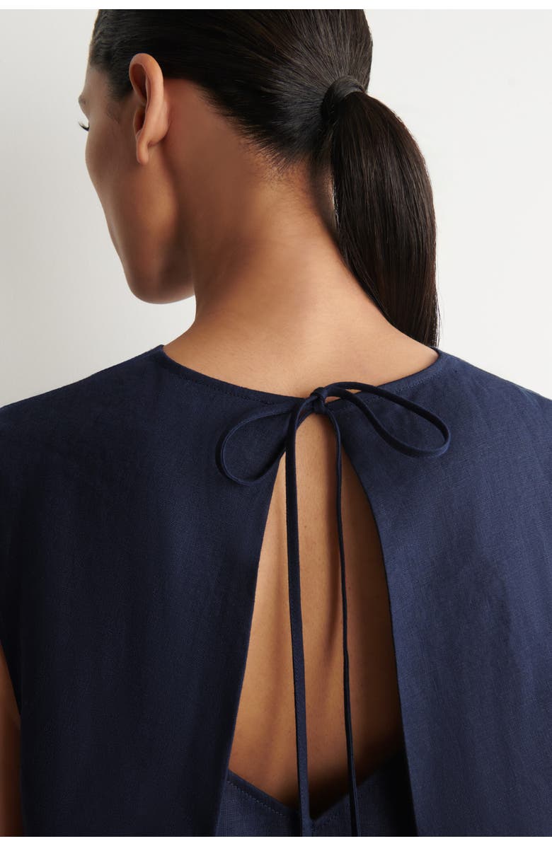 COS V-neck Open-back Linen Mini Dress, Alternate, color, Navy