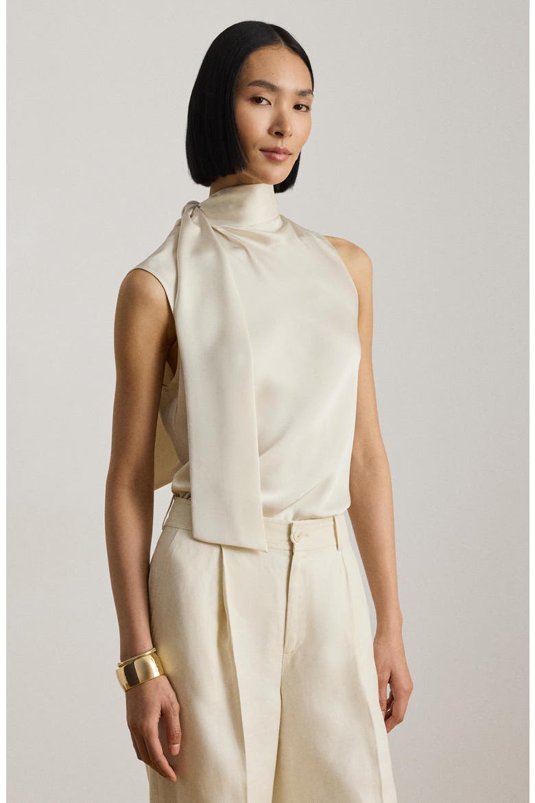 Tie Neck Charmeuse Sleeveless Top, Alternate, color, MASCARPONE CREAM