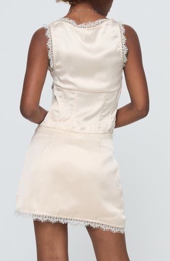 Mavie Two-Piece Lace & Satin Split Tie Top & Miniskirt