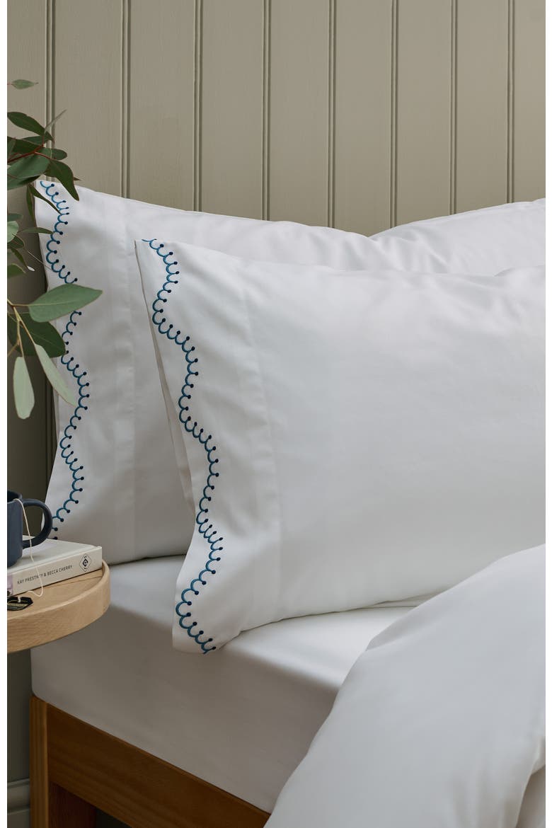 Lucerne Scallop Luxury Cotton Sateen Embroidered Pillowcase Pairs, Alternate, color, Indigo