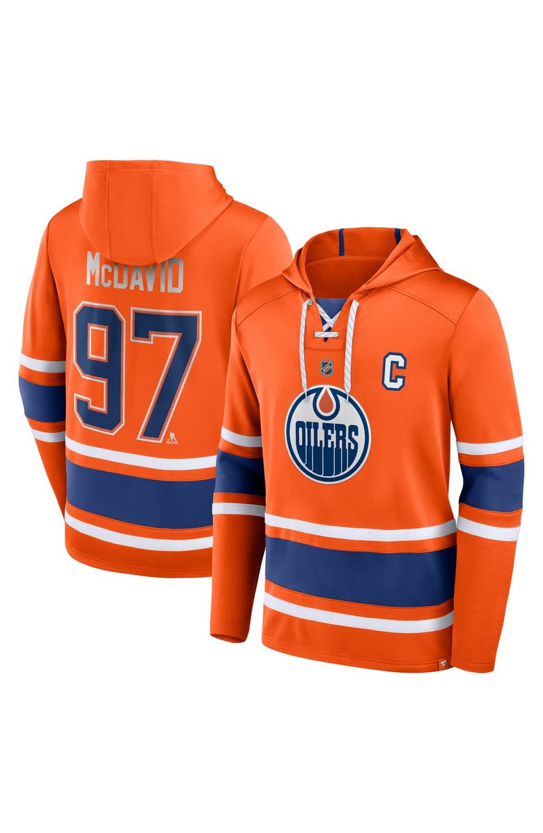 FANATICS Men's Fanatics Branded Connor McDavid Orange Edmonton Oilers Name & Number Lace-Up Pullover Hoodie, Main, color, 