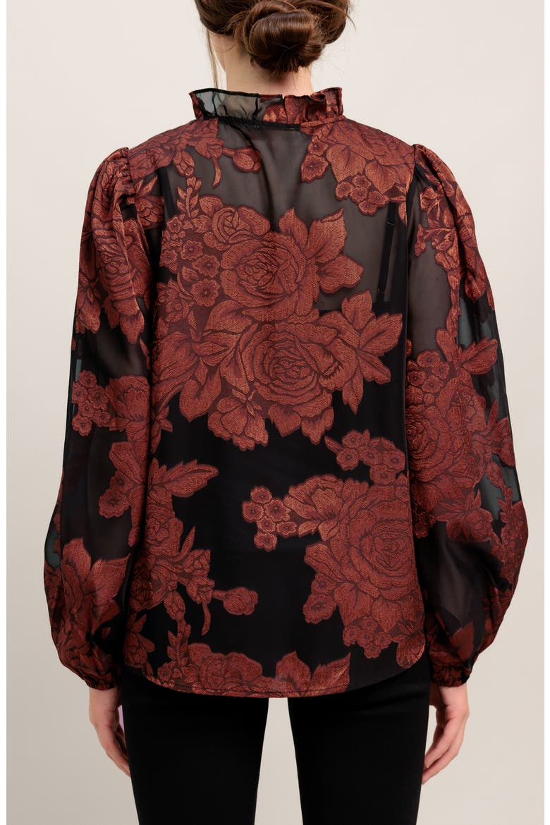 Floral Jacquard Tie Neck Top, Alternate, color, BLACK