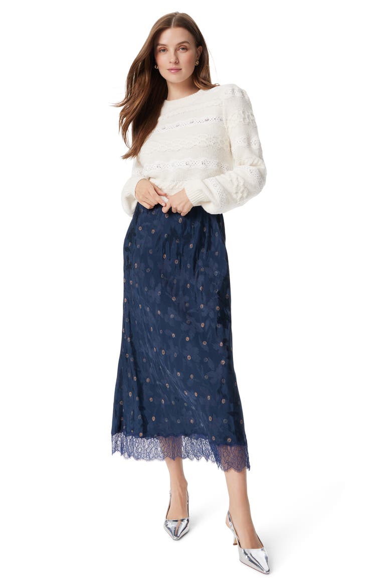 Gracie Lace Trim Satin Midi Skirt, Alternate, color, NAVY SCRIBBLE DOT