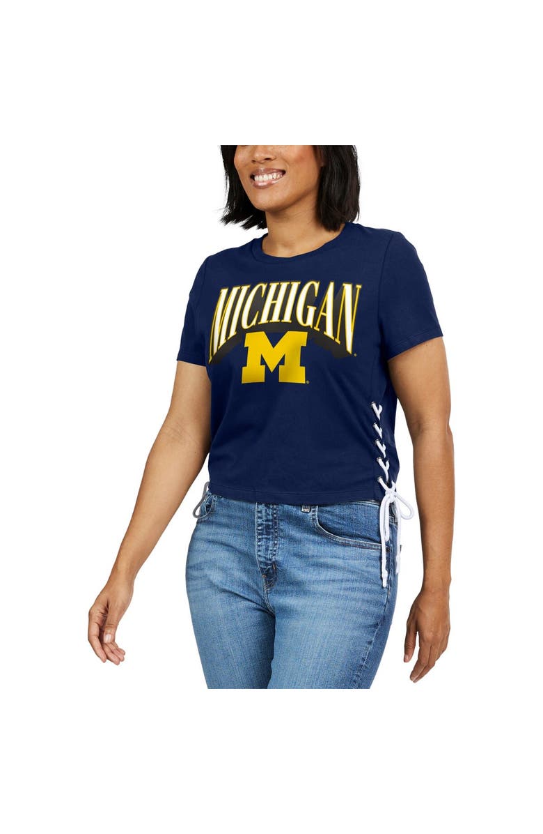 WEAR by Erin Andrews Women's WEAR by Erin Andrews Navy Michigan Wolverines Side Lace-Up Modest Crop T-Shirt, Alternate, color, Navy