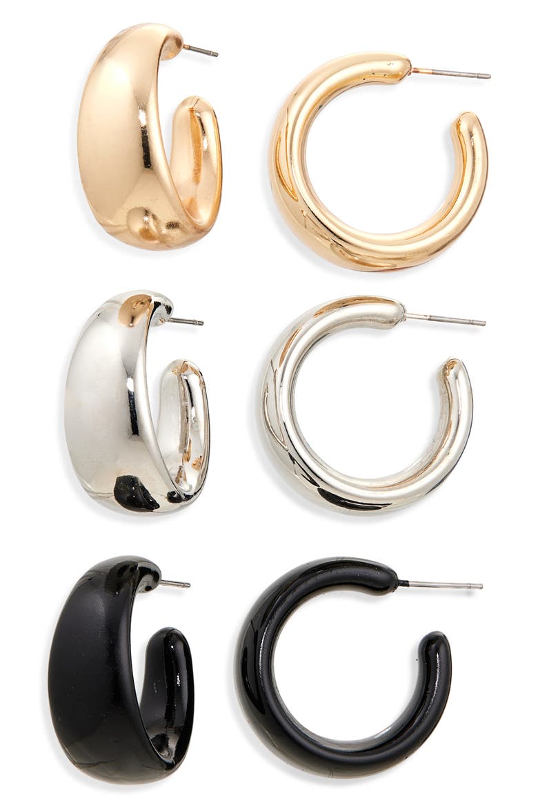 Set of 3 Tri-Tone Hoop Earrings, Main, color, GOLD SILVER BLACK