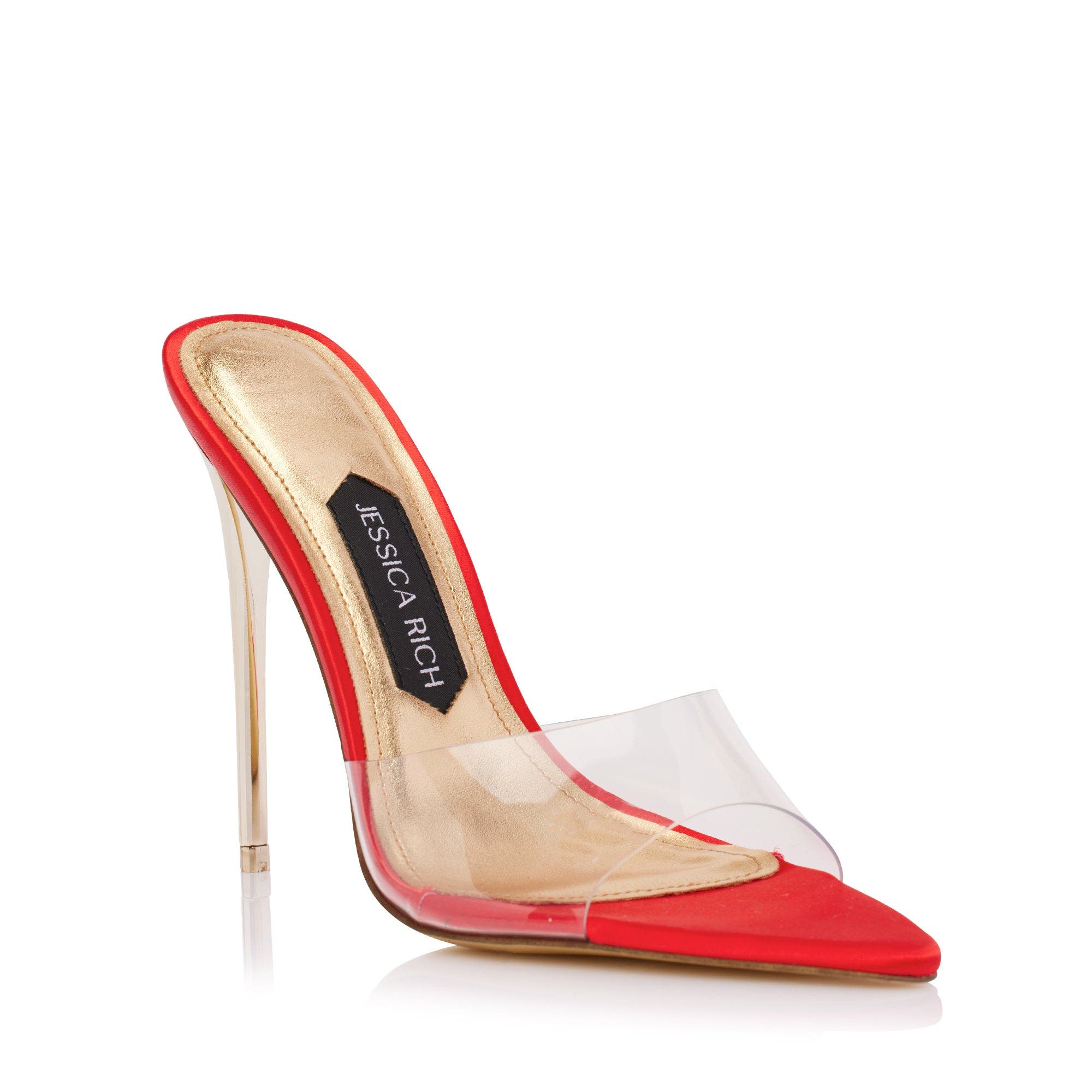 JESSICA RICH The Racy Mule satin green designer heels for women are the perfect addition to your shoe closet. These slip-on heels go well with a wide variety of ensembles adding versatility to your collection. From casual to formal, these heels can do it all., Alternate, color, Satin Red