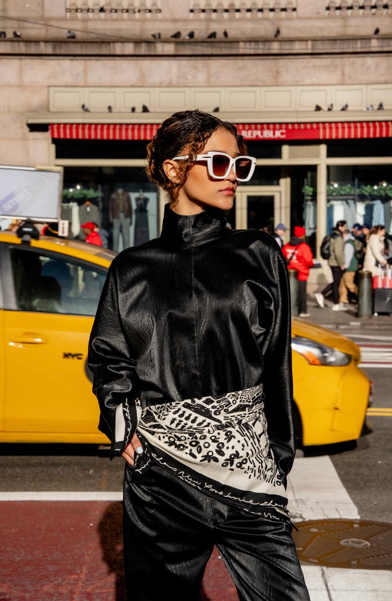 Jessie Zhao New York Double Sided Wool Silk Scarf Of Black Garden, Alternate, color, Black