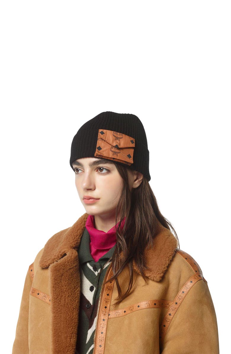 MCM Wool Beanie w/ Monogram Print ECONYL<sup>®</sup> Pocket, Alternate, color, 