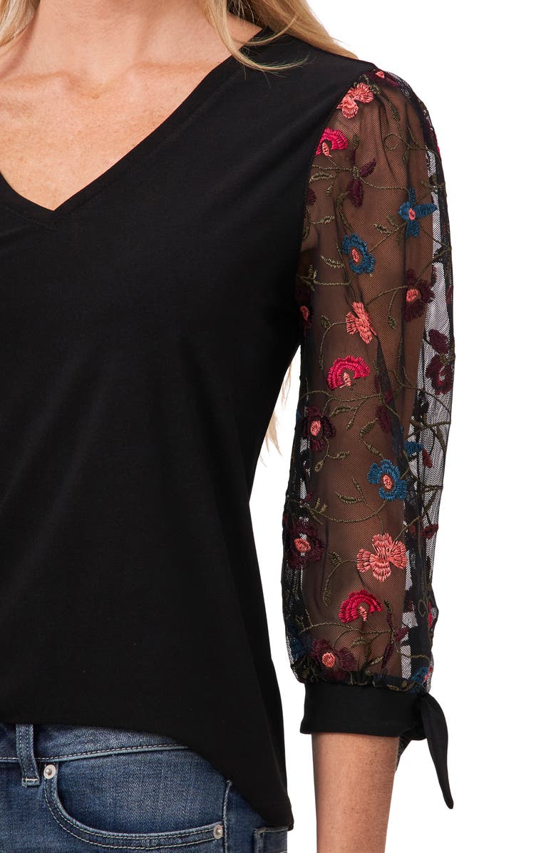 CeCe Floral Embroidered Jersey & Tulle Top, Alternate, color,