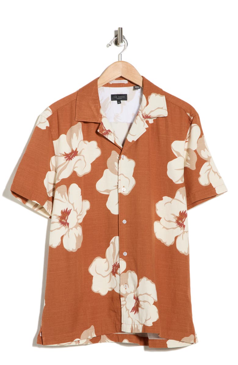 Ted Baker Floral Short Sleeve Button-Up Shirt, Alternate, color, Mocha Bisque