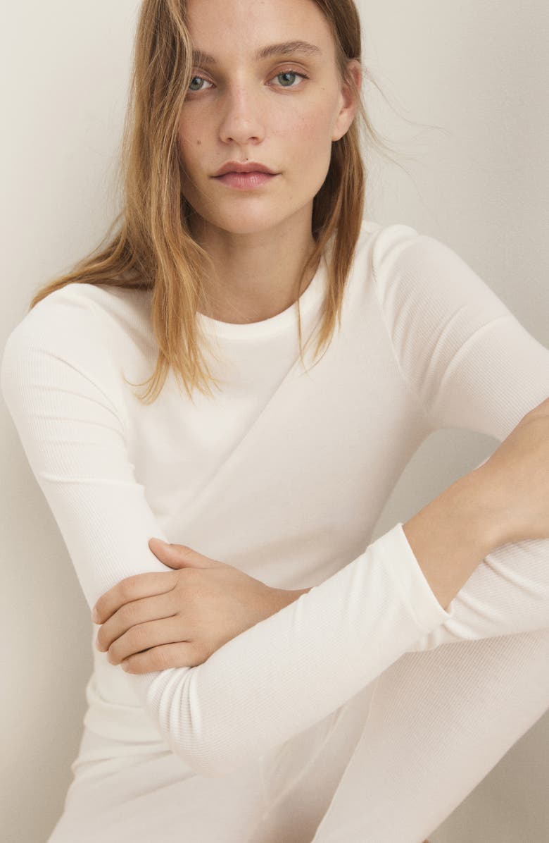 MANGO Long Sleeve Rib Sleep T-Shirt, Alternate, color, Ivory White