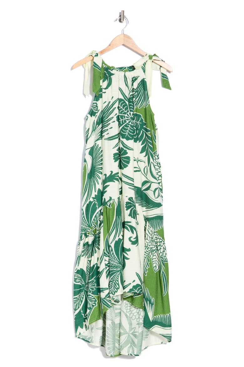 Tie Shoulder Printed High-Low Dress, Main, color, IVORY GREEN PRINT