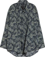 R13 Drop Neck Pintuck Paisley Print Button-Up Shirt