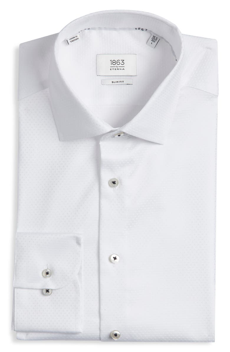 1863 by Eterna Slim Fit Dot Pattern Non-Iron Cotton Dobby Dress Shirt, Main, color, White
