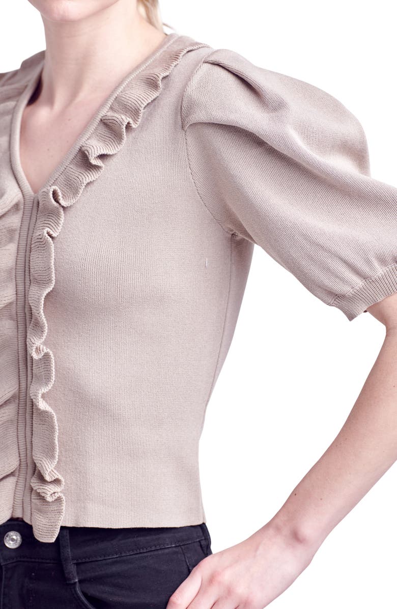 English Factory Ruffle Puff Sleeve Sweater, Alternate, color, Taupe