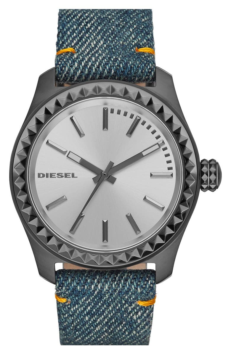 DIESEL<sup>®</sup> 'Kray Kray' Spiked Bezel Denim Strap Watch, 38mm, Main, color, 
