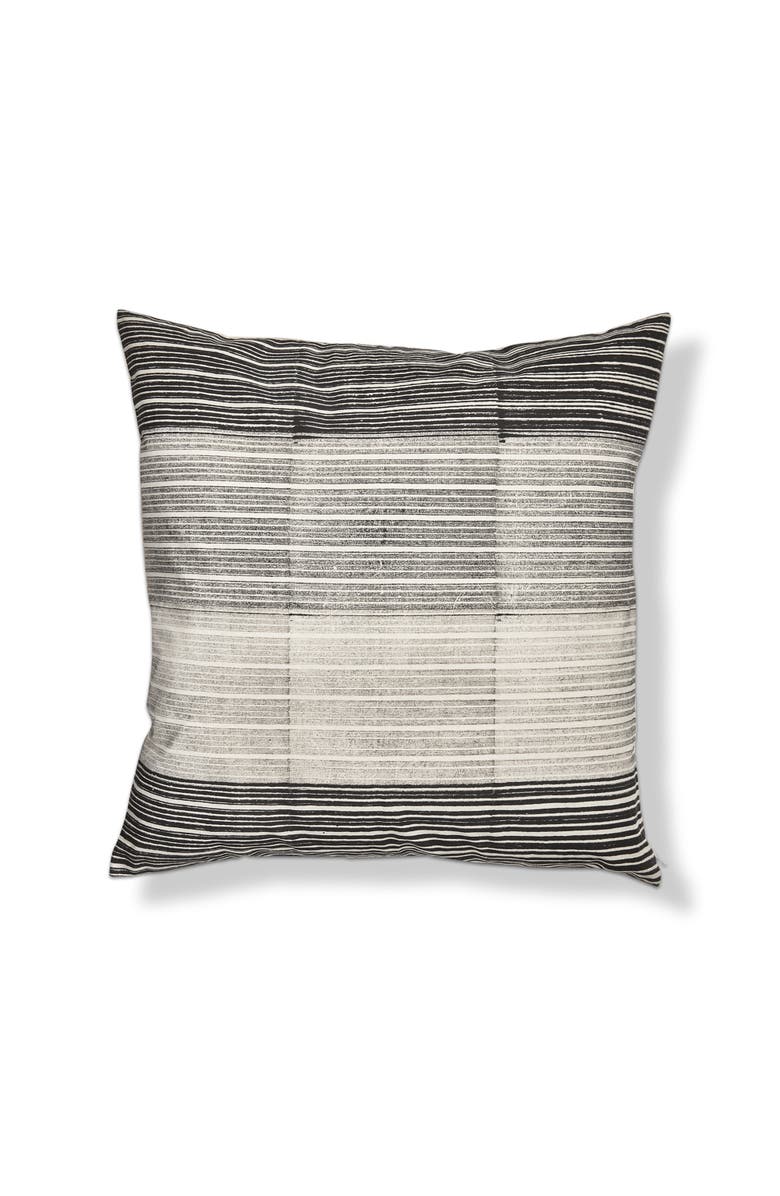 tag Black Khaki Block Print Stripe Cotton Decorative Throw Pillow, Main, color, Black