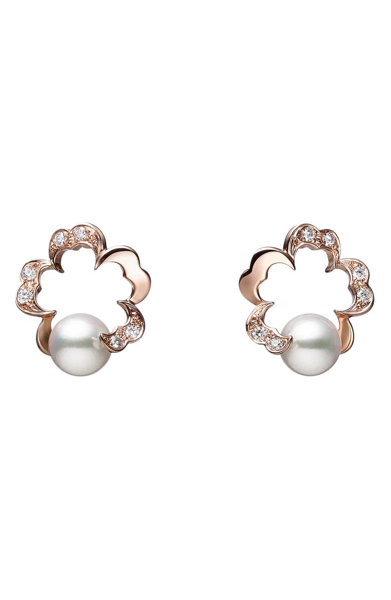 Mikimoto Cherry Blossom Cultured Pearl & Diamond Stud Earrings, Main, color, 