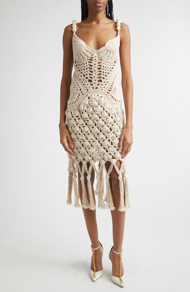 Balmain Fringe Cotton Crochet Dress, Main, color, Natural