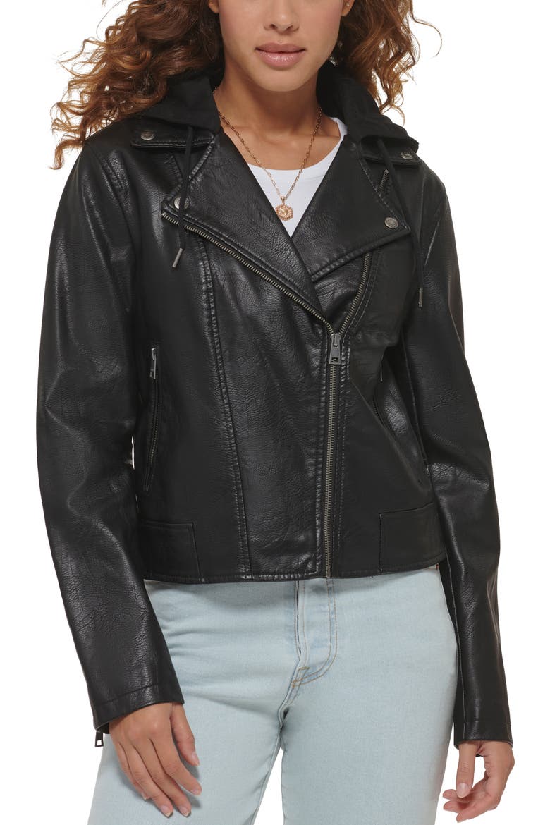 Levi's® Fleece Hood Faux Leather Moto Jacket, Alternate, color, BLACK
