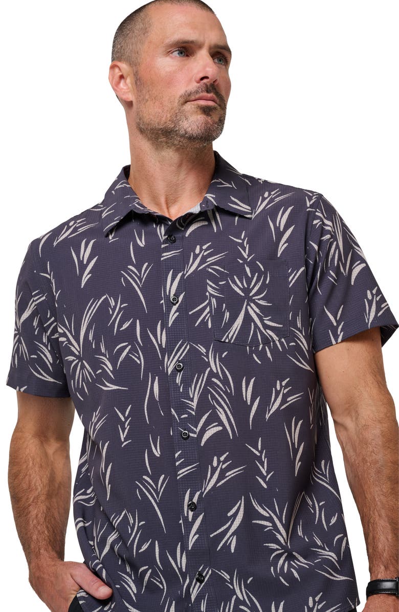 TravisMathew In the Clubhouse Performance Short Sleeve Button Up Shirt, Alternate, color, Ebony