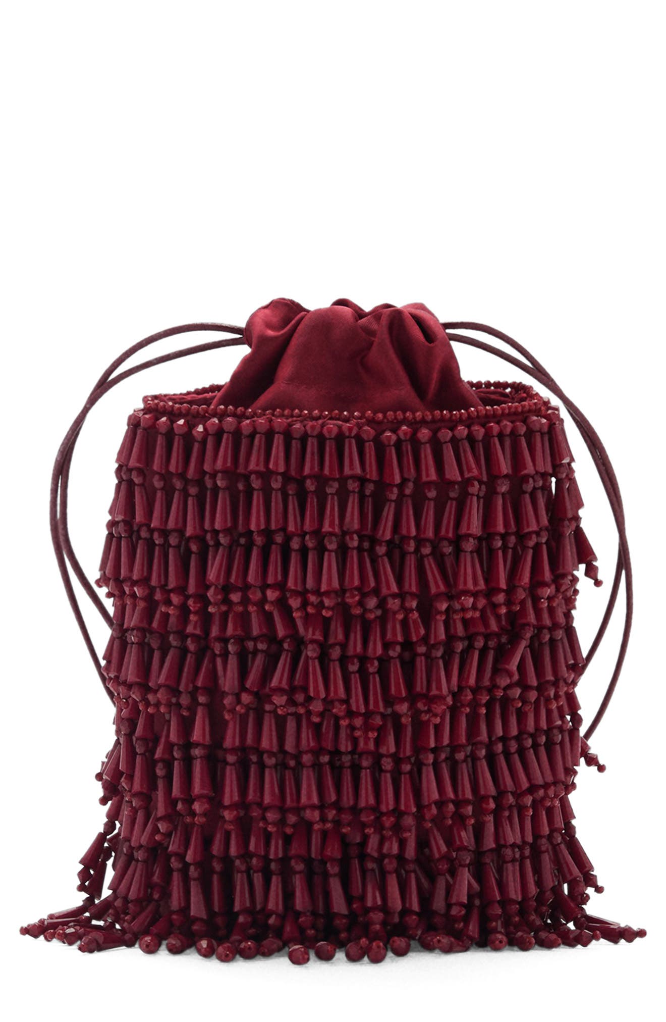 Beaded Drawstring Bucket Bag, Main, color, BURGUNDY