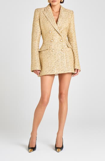 Nadine Merabi Metallic Tweed Long Sleeve Cocktail Coat Dress In Gold