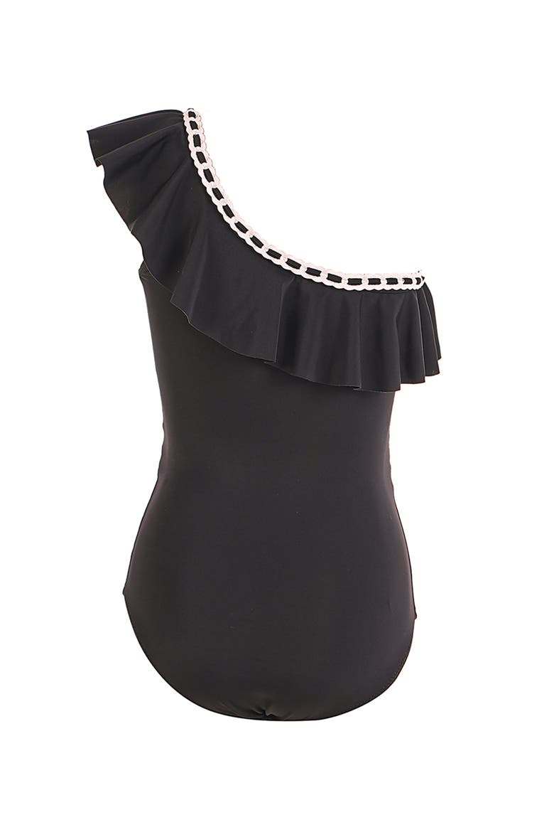 One Shoulder Ruffle Decorative Embroidery Accents One-Piece Swimsuit, Alternate, color, Black