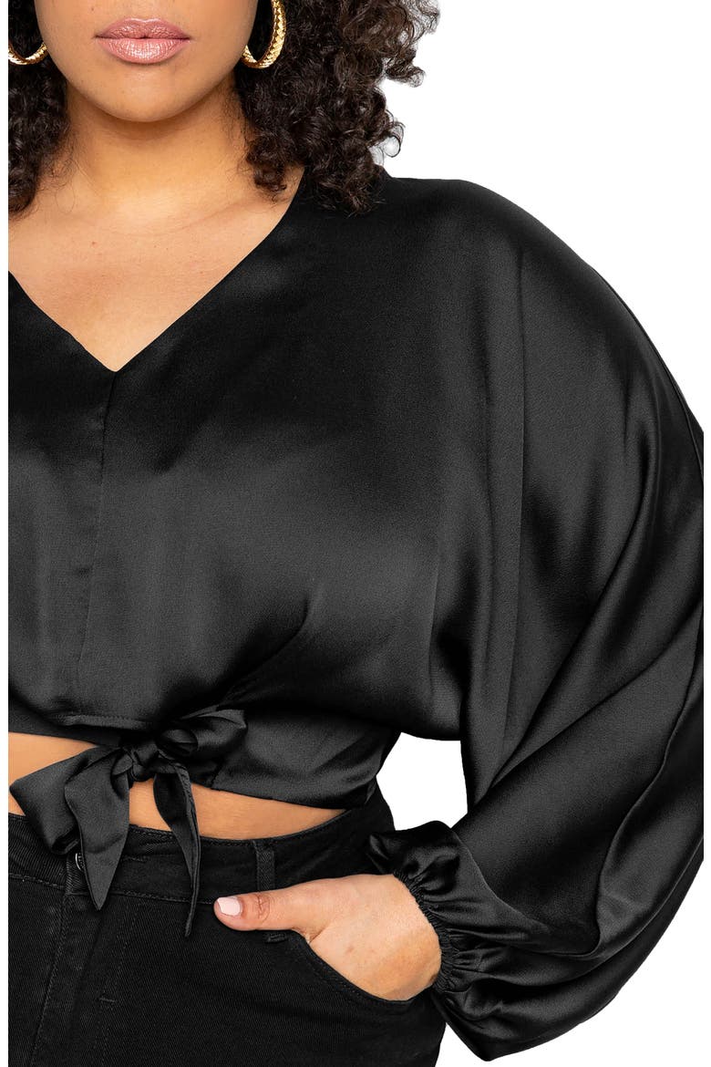 Tie Front Long Sleeve Satin Blouse, Alternate, color, BLACK