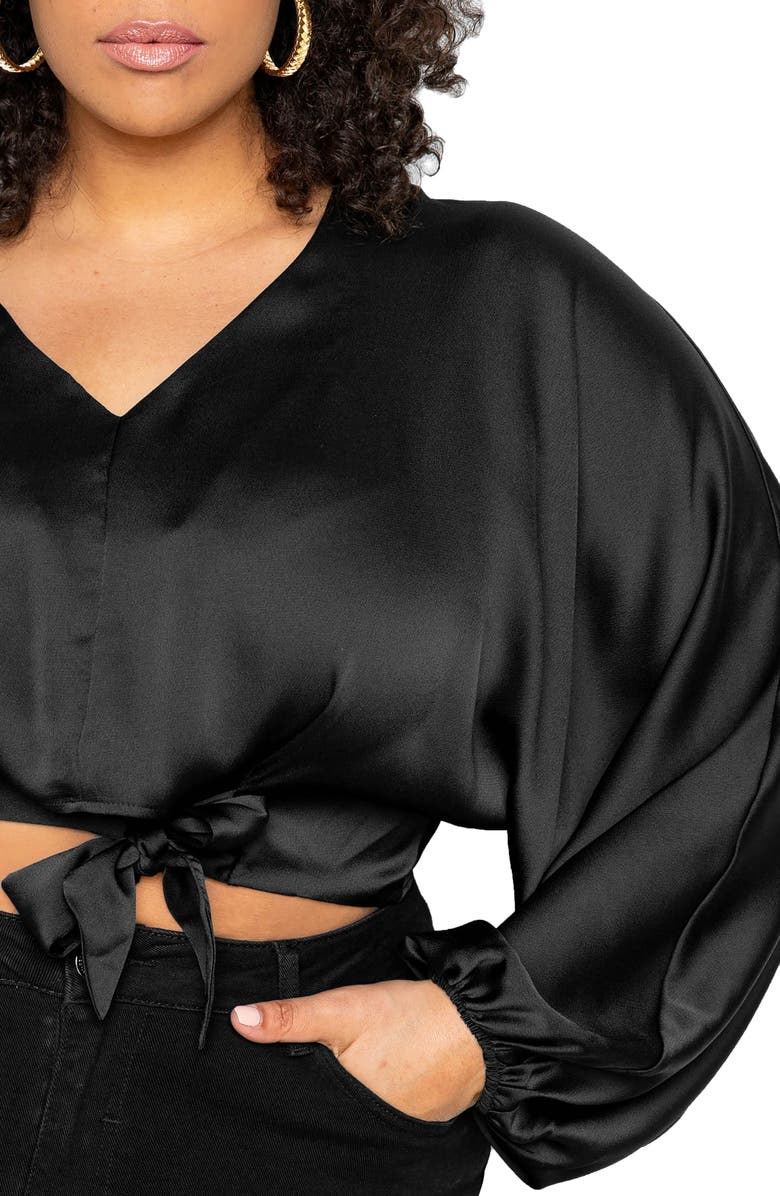 BUXOM COUTURE Tie Front Long Sleeve Satin Blouse, Alternate, color, 