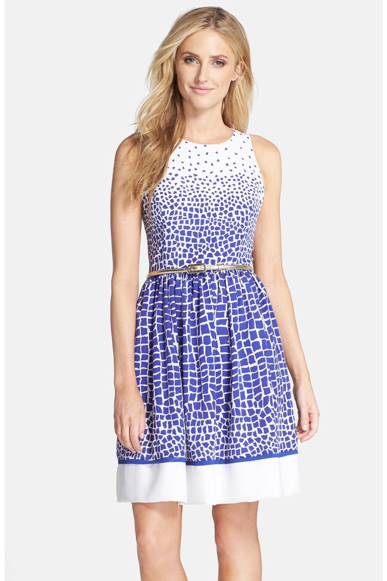 Belted Print Fit & Flare Dress, Main, color, BLUE/ WHITE