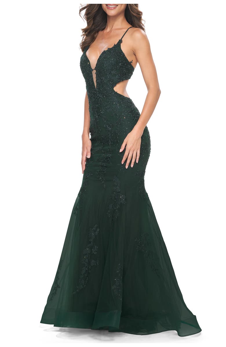La Femme Lace and Tulle Mermaid Gown with Side Cut Outs in Jewel Tones, Main, color, Dark Emerald