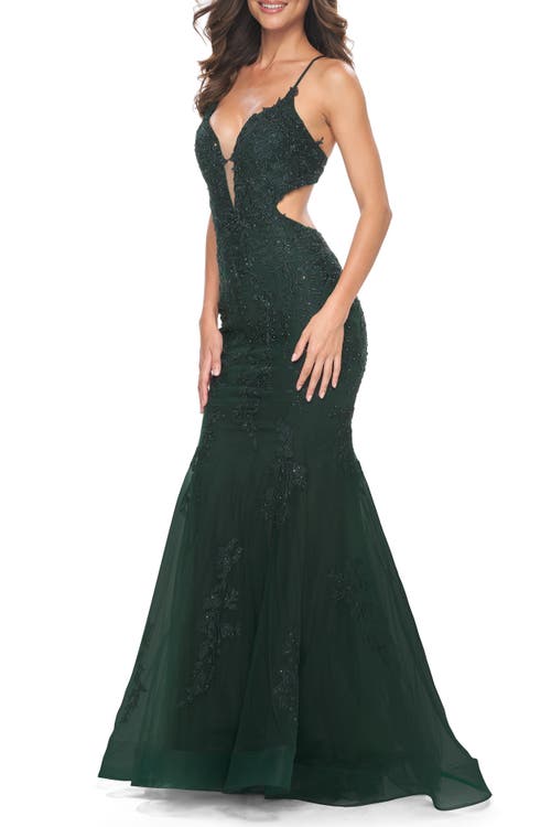 La Femme Lace And Tulle Mermaid Gown With Side Cut Outs In Dark Emerald