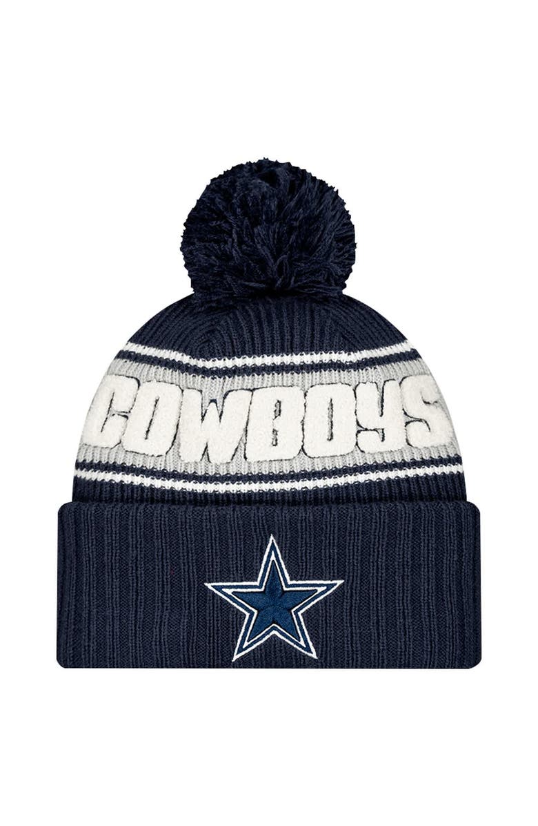 New Era Men's New Era Navy Dallas Cowboys 2024 Sideline Cuffed Knit Hat with Pom, Main, color, Navy