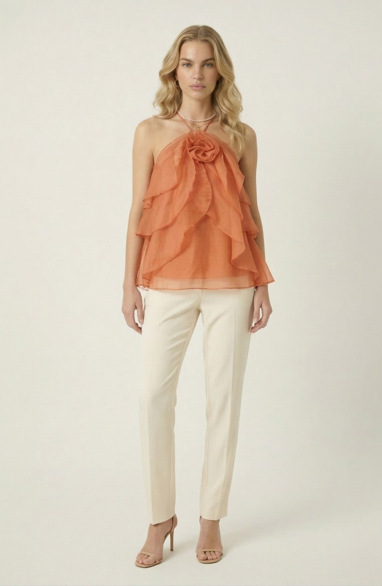 Modenaire Halter Ruffle Chiffon Top, Alternate, color, Terracotta